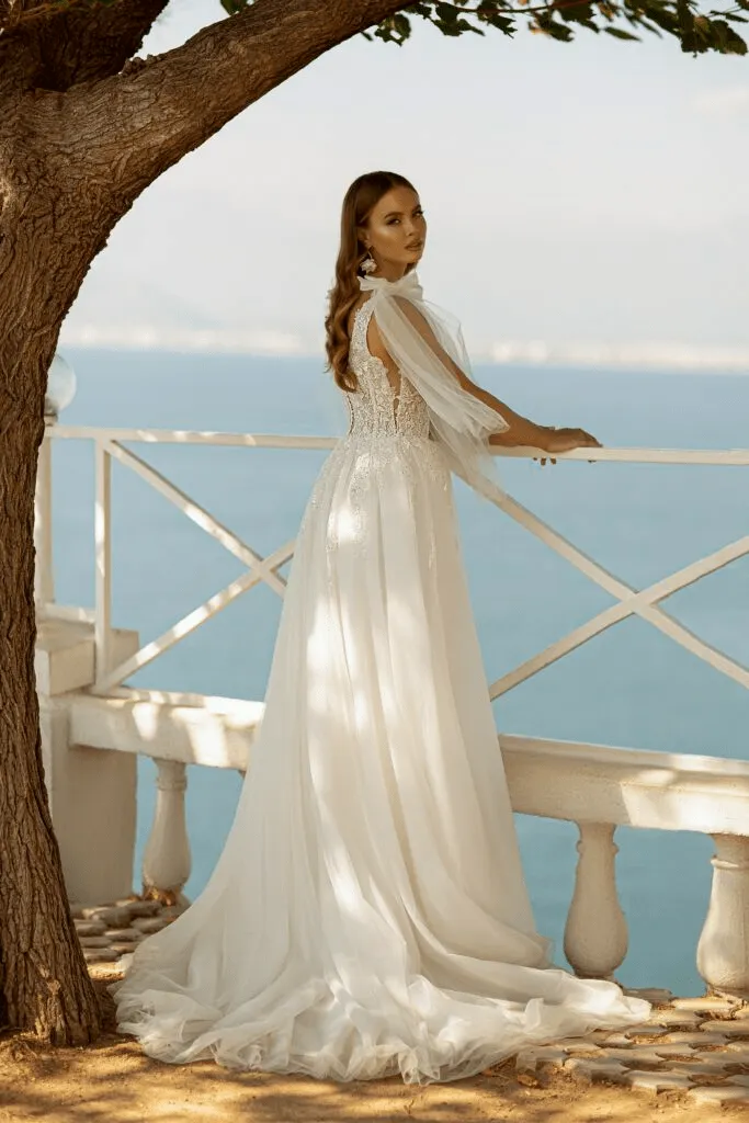Aline Ball Gown Wedding Dress with Long Sleeves - Floral Beaded Dress - Princess Wedding Gown with Bow Plus Size