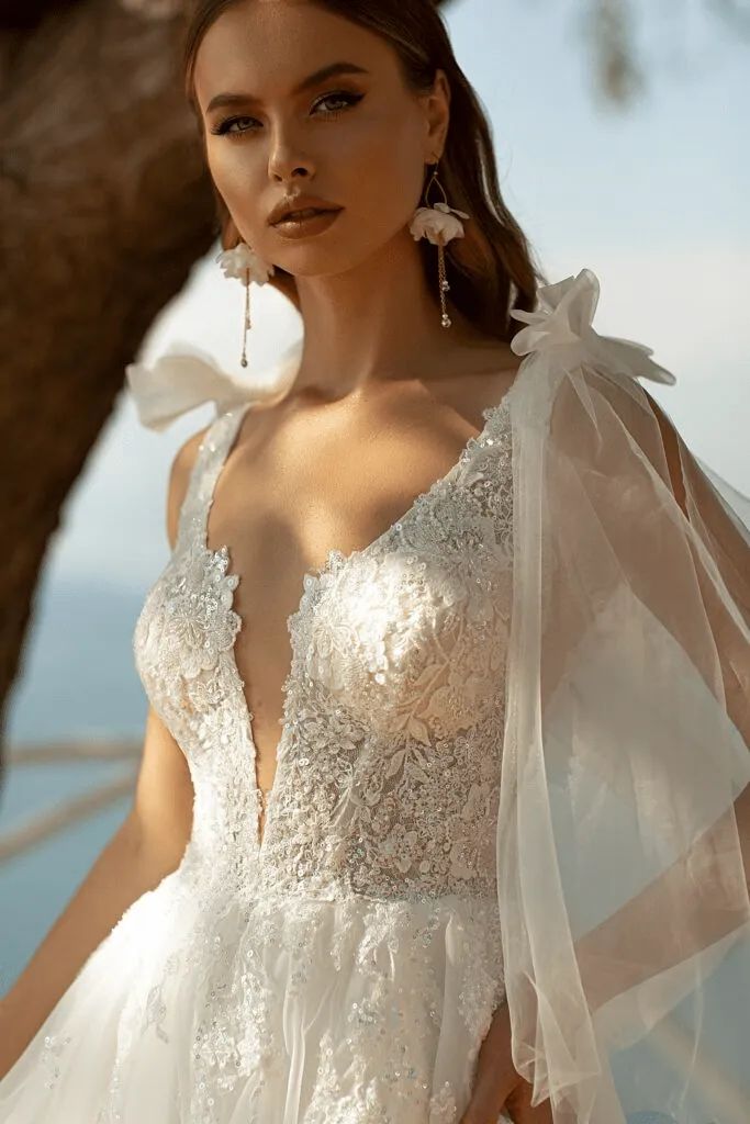 Aline Ball Gown Wedding Dress with Long Sleeves - Floral Beaded Dress - Princess Wedding Gown with Bow Plus Size