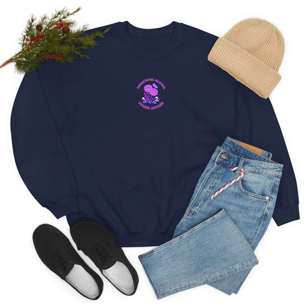 Beautiful Glows from Within Purple Flower Sweatshirt, Oversized Crewneck, Front Back Print Trendy Sweatshirt, Beach Cover Up, Lake Cover Up