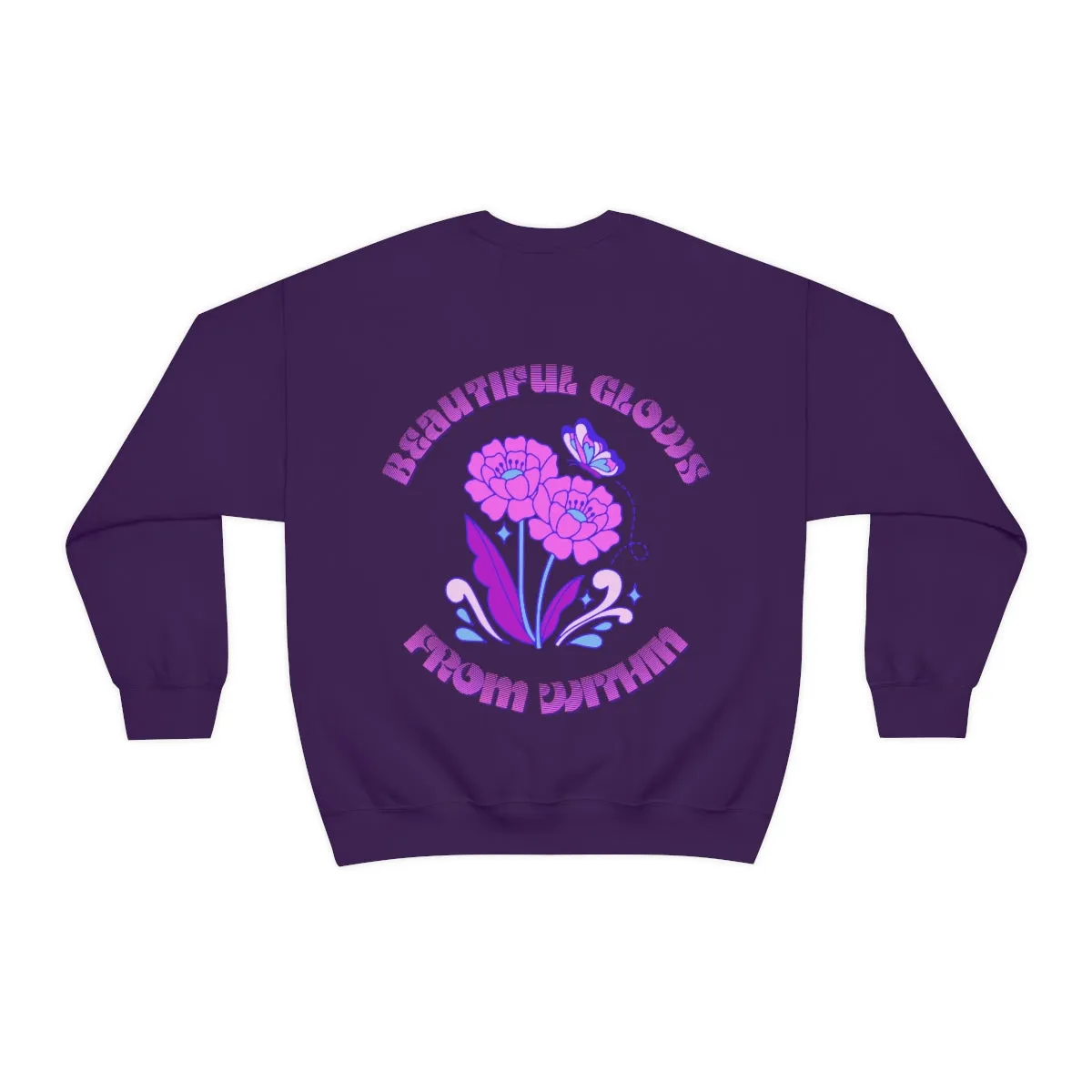 Beautiful Glows from Within Purple Flower Sweatshirt, Oversized Crewneck, Front Back Print Trendy Sweatshirt, Beach Cover Up, Lake Cover Up