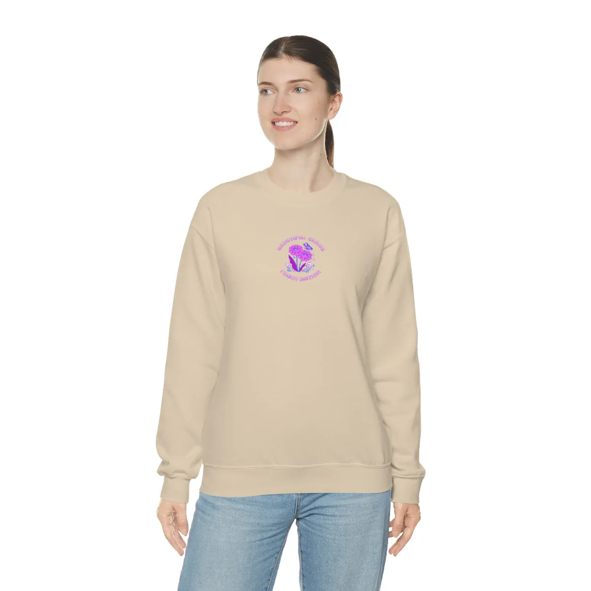 Beautiful Glows from Within Purple Flower Sweatshirt, Oversized Crewneck, Front Back Print Trendy Sweatshirt, Beach Cover Up, Lake Cover Up