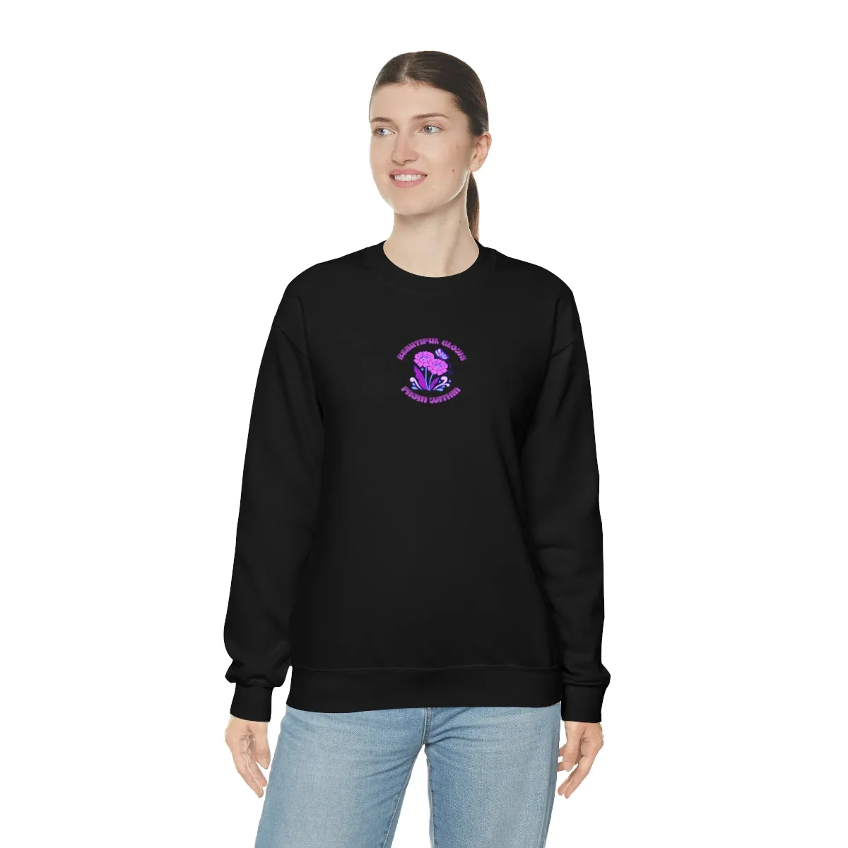 Beautiful Glows from Within Purple Flower Sweatshirt, Oversized Crewneck, Front Back Print Trendy Sweatshirt, Beach Cover Up, Lake Cover Up