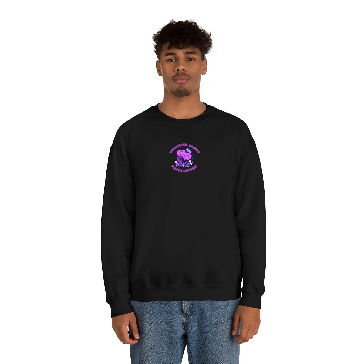 Beautiful Glows from Within Purple Flower Sweatshirt, Oversized Crewneck, Front Back Print Trendy Sweatshirt, Beach Cover Up, Lake Cover Up