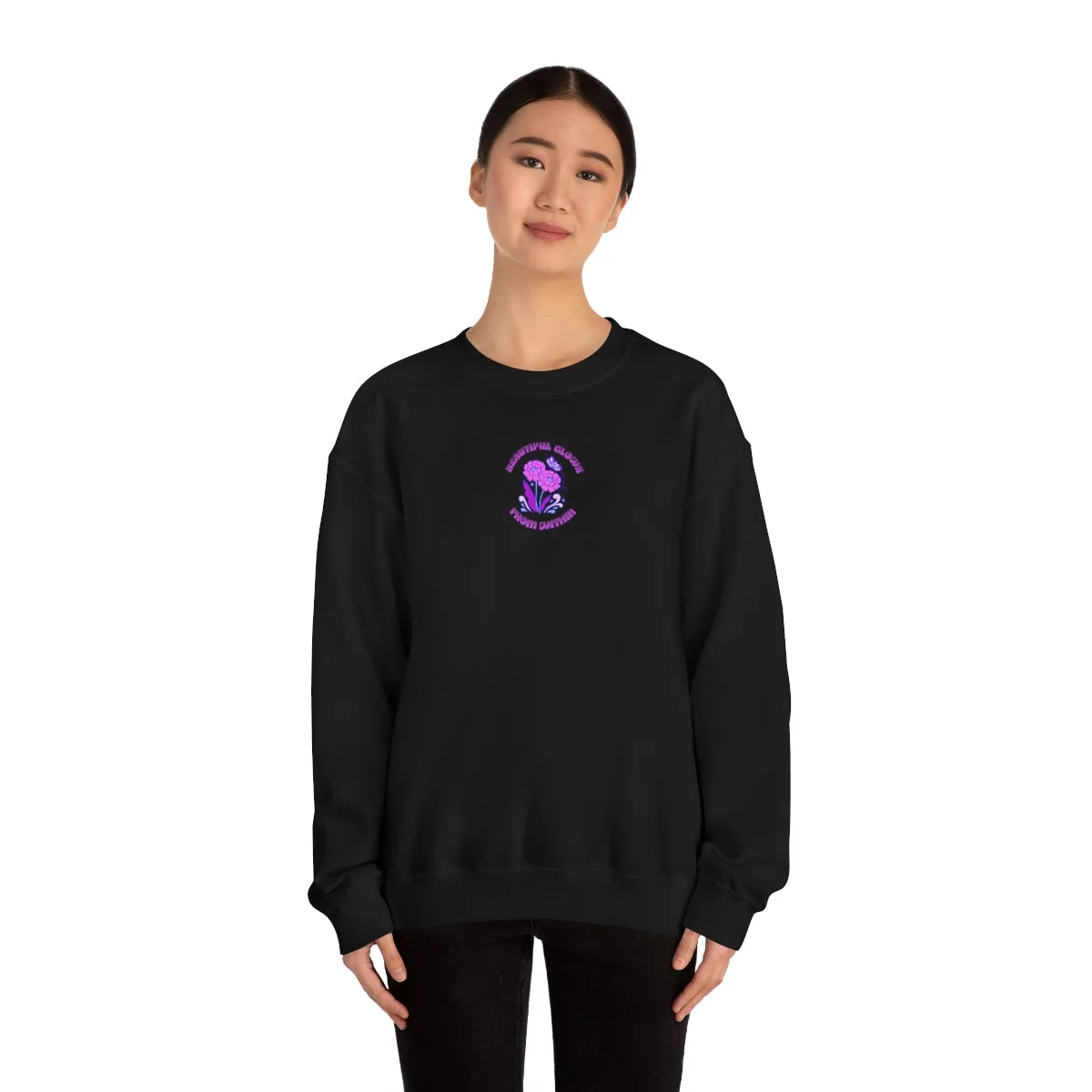 Beautiful Glows from Within Purple Flower Sweatshirt, Oversized Crewneck, Front Back Print Trendy Sweatshirt, Beach Cover Up, Lake Cover Up