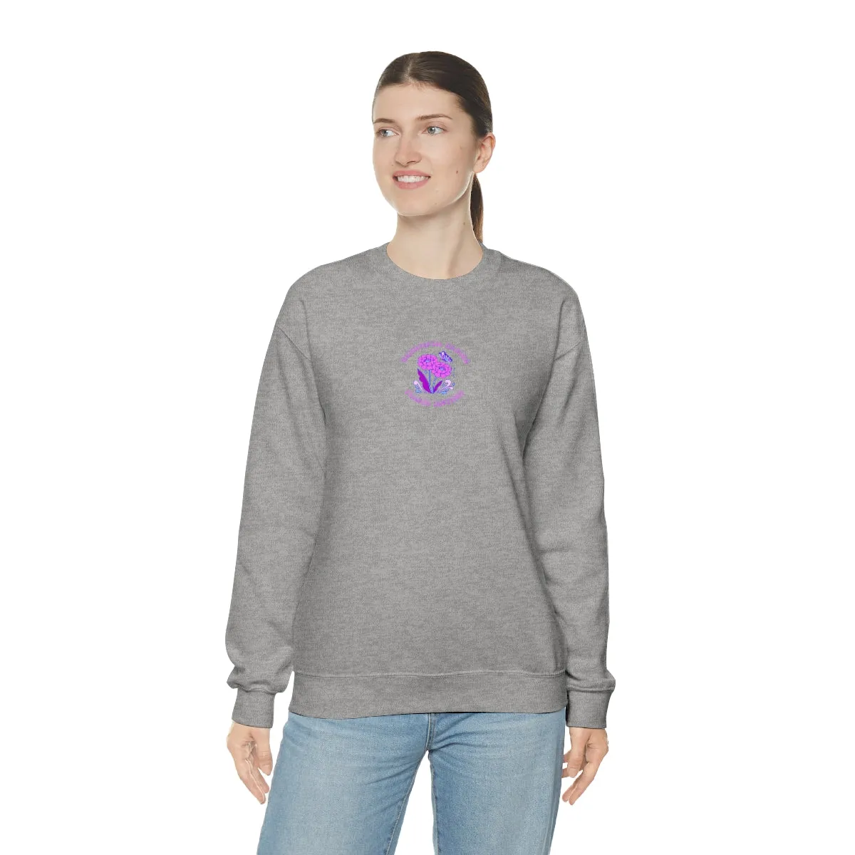 Beautiful Glows from Within Purple Flower Sweatshirt, Oversized Crewneck, Front Back Print Trendy Sweatshirt, Beach Cover Up, Lake Cover Up