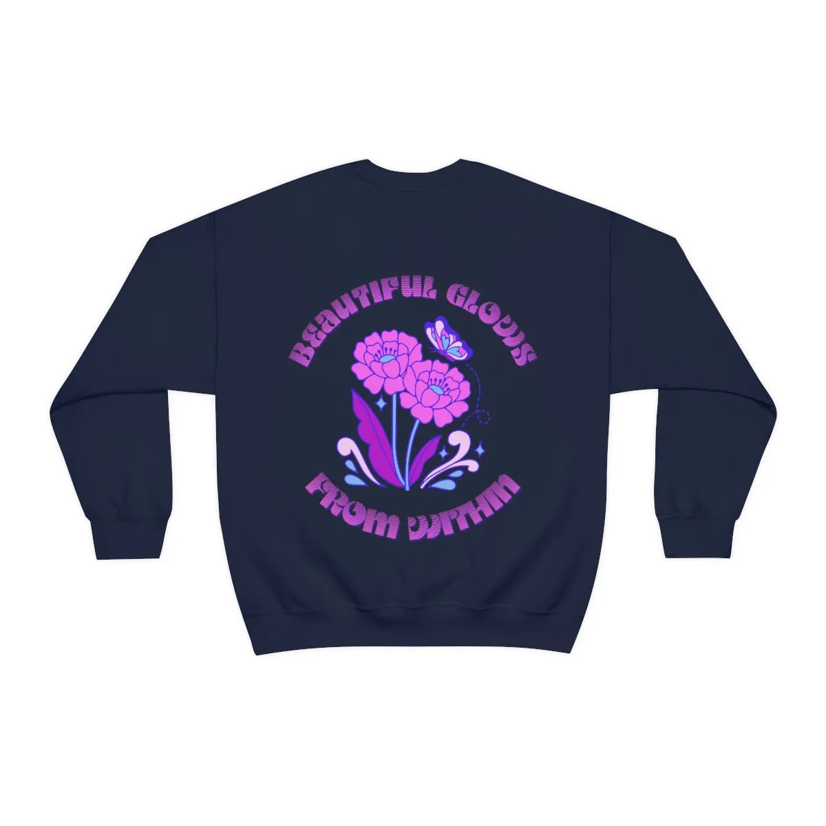 Beautiful Glows from Within Purple Flower Sweatshirt, Oversized Crewneck, Front Back Print Trendy Sweatshirt, Beach Cover Up, Lake Cover Up