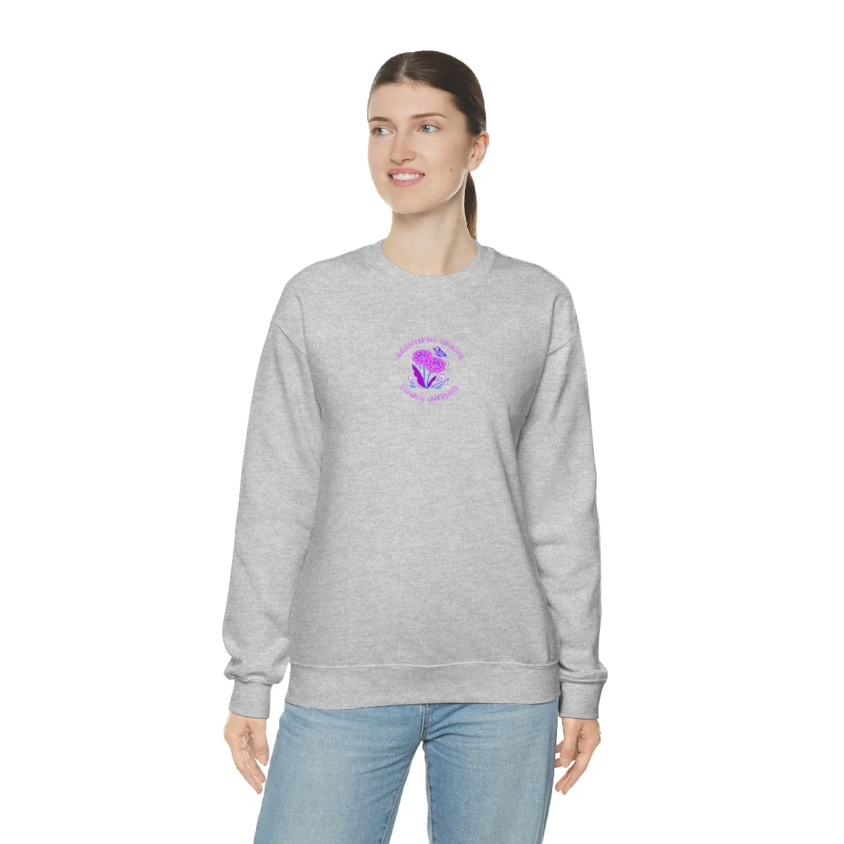 Beautiful Glows from Within Purple Flower Sweatshirt, Oversized Crewneck, Front Back Print Trendy Sweatshirt, Beach Cover Up, Lake Cover Up