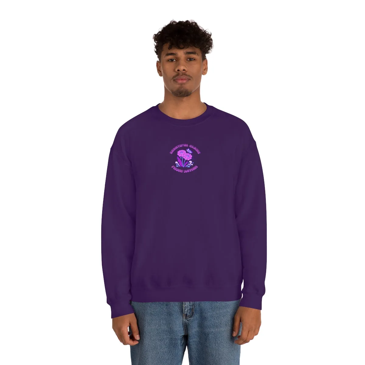 Beautiful Glows from Within Purple Flower Sweatshirt, Oversized Crewneck, Front Back Print Trendy Sweatshirt, Beach Cover Up, Lake Cover Up