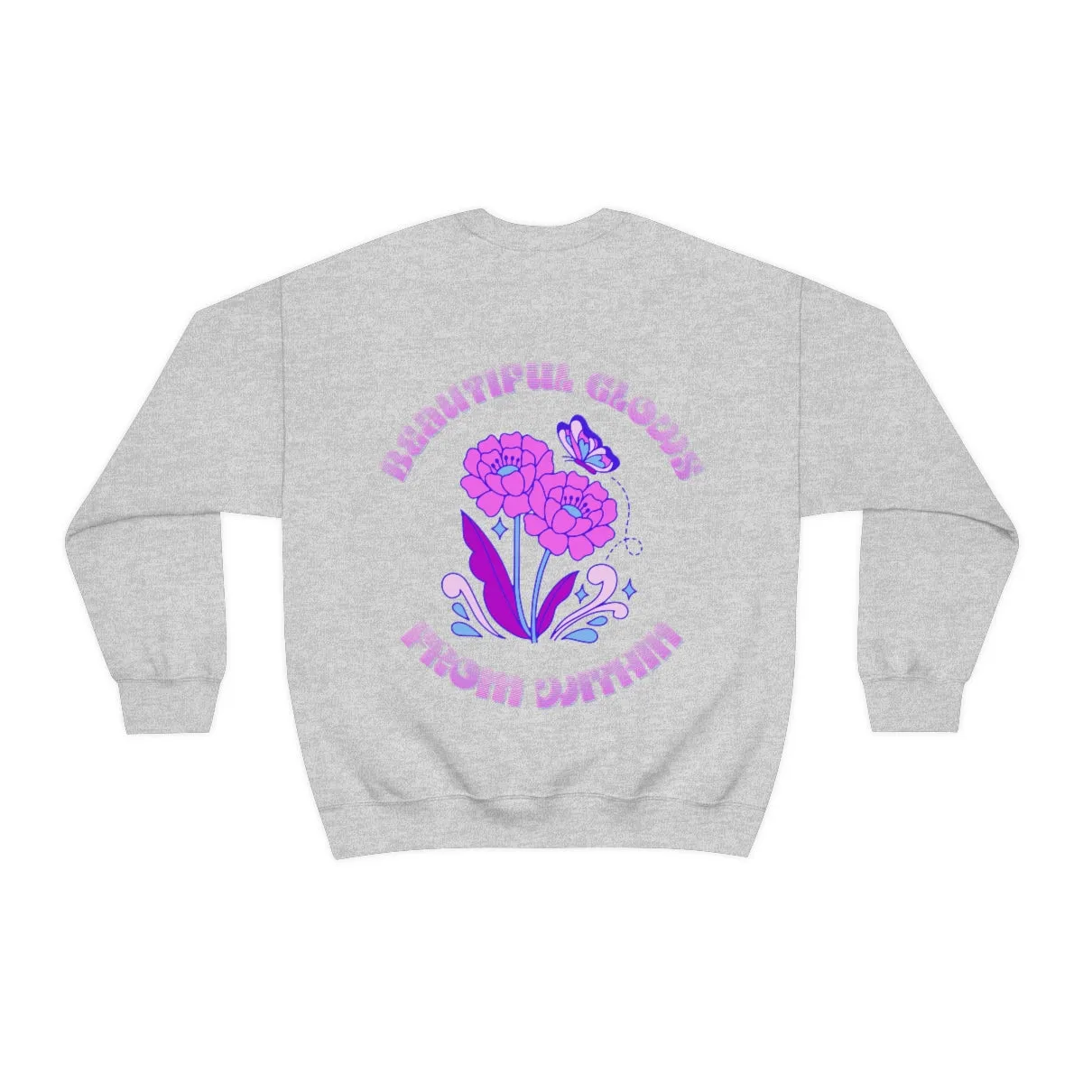 Beautiful Glows from Within Purple Flower Sweatshirt, Oversized Crewneck, Front Back Print Trendy Sweatshirt, Beach Cover Up, Lake Cover Up