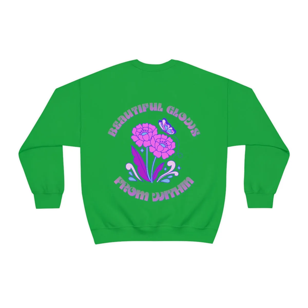 Beautiful Glows from Within Purple Flower Sweatshirt, Oversized Crewneck, Front Back Print Trendy Sweatshirt, Beach Cover Up, Lake Cover Up