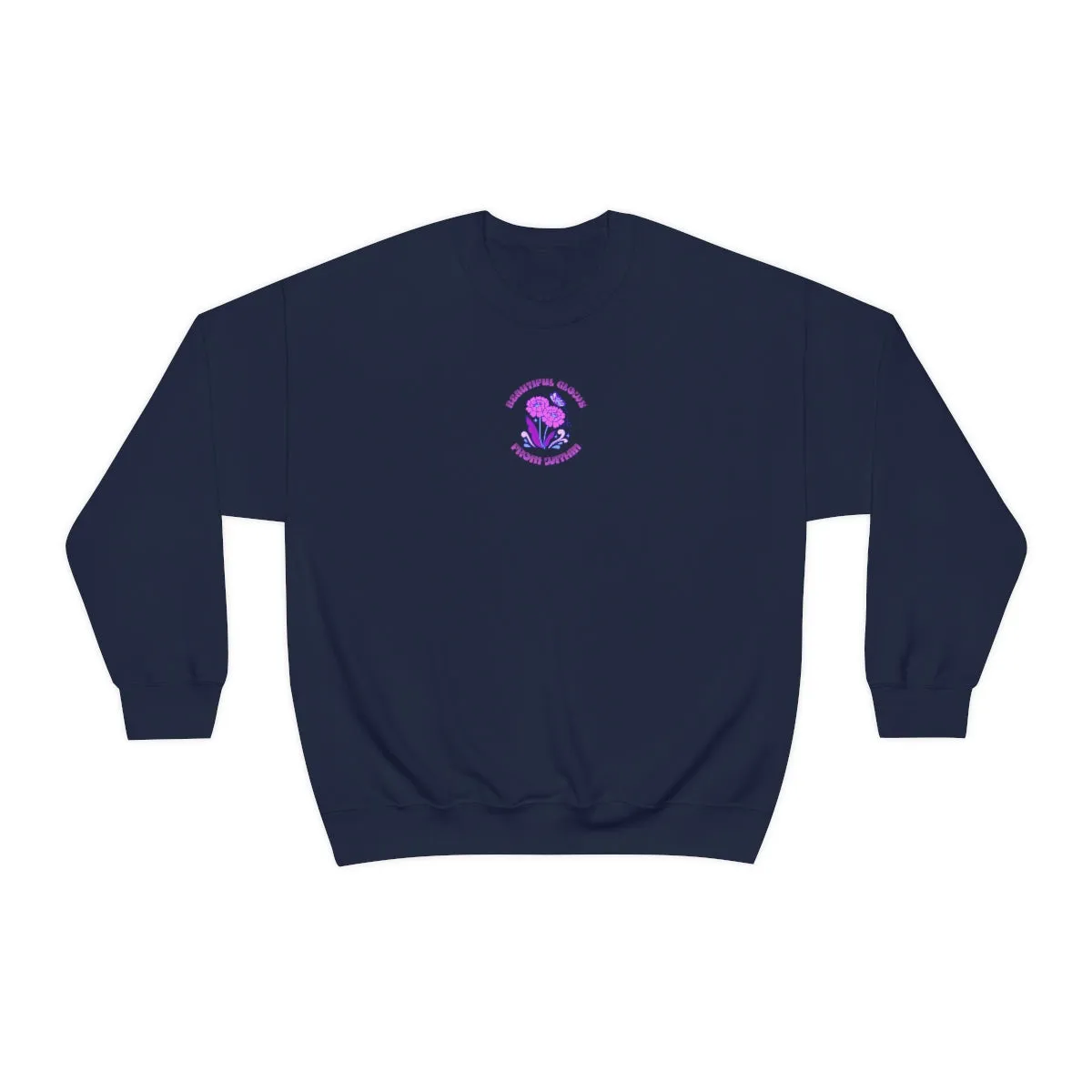 Beautiful Glows from Within Purple Flower Sweatshirt, Oversized Crewneck, Front Back Print Trendy Sweatshirt, Beach Cover Up, Lake Cover Up