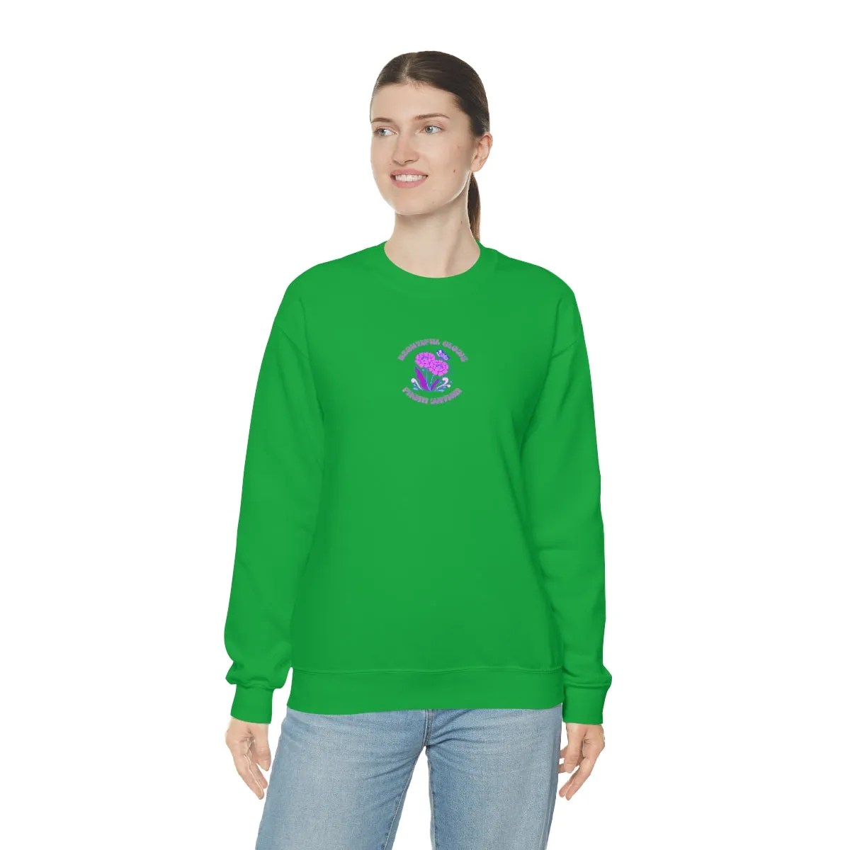 Beautiful Glows from Within Purple Flower Sweatshirt, Oversized Crewneck, Front Back Print Trendy Sweatshirt, Beach Cover Up, Lake Cover Up