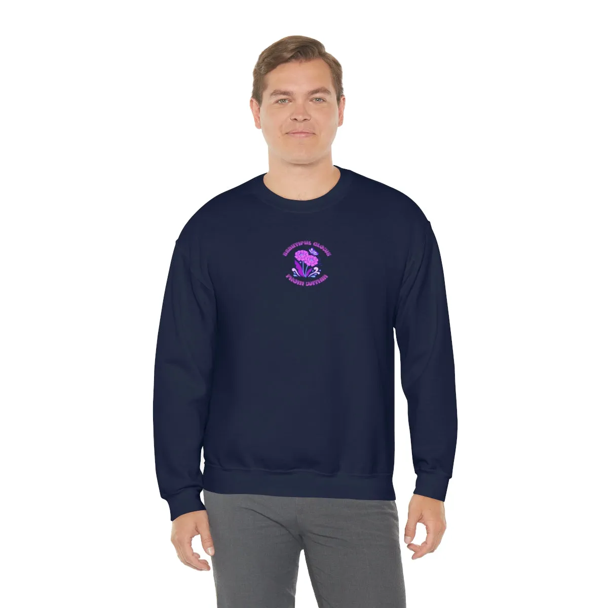 Beautiful Glows from Within Purple Flower Sweatshirt, Oversized Crewneck, Front Back Print Trendy Sweatshirt, Beach Cover Up, Lake Cover Up