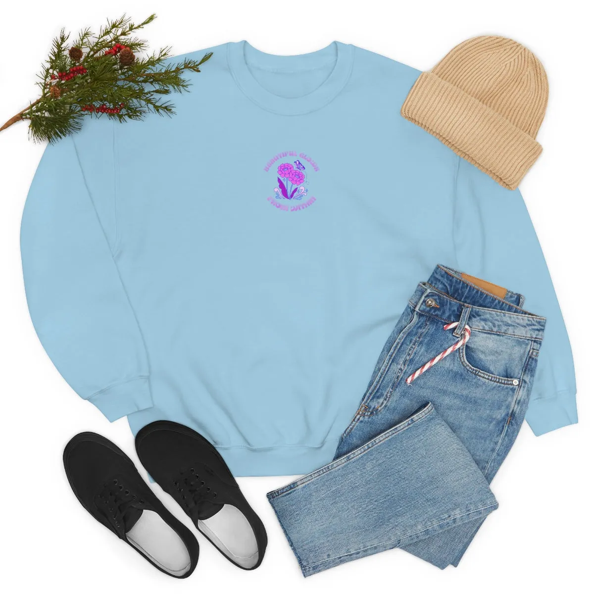 Beautiful Glows from Within Purple Flower Sweatshirt, Oversized Crewneck, Front Back Print Trendy Sweatshirt, Beach Cover Up, Lake Cover Up