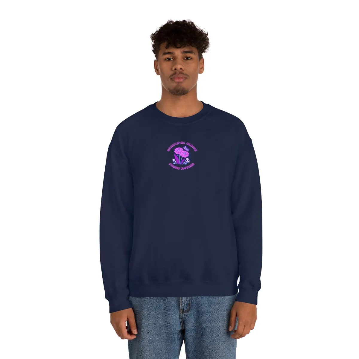 Beautiful Glows from Within Purple Flower Sweatshirt, Oversized Crewneck, Front Back Print Trendy Sweatshirt, Beach Cover Up, Lake Cover Up