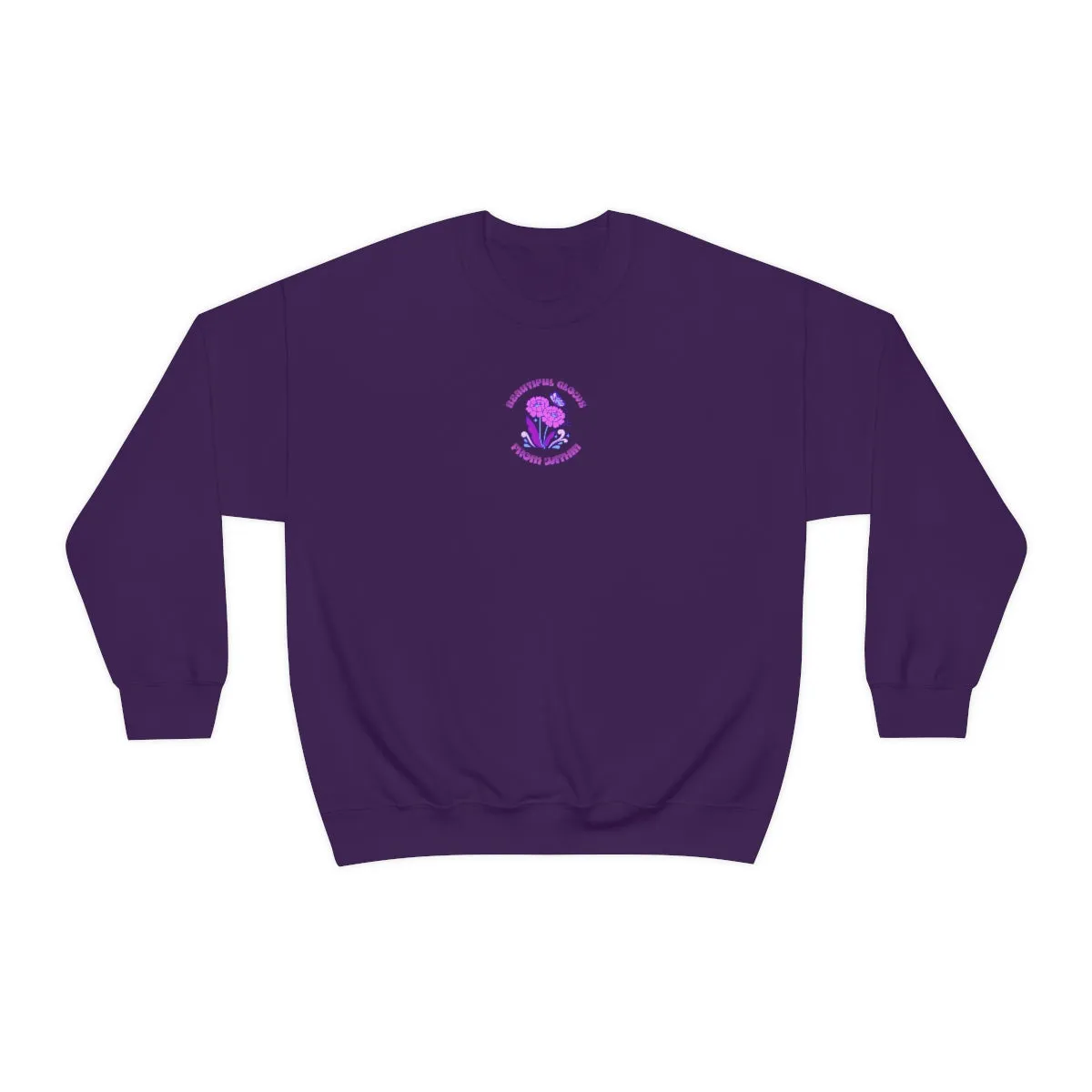Beautiful Glows from Within Purple Flower Sweatshirt, Oversized Crewneck, Front Back Print Trendy Sweatshirt, Beach Cover Up, Lake Cover Up