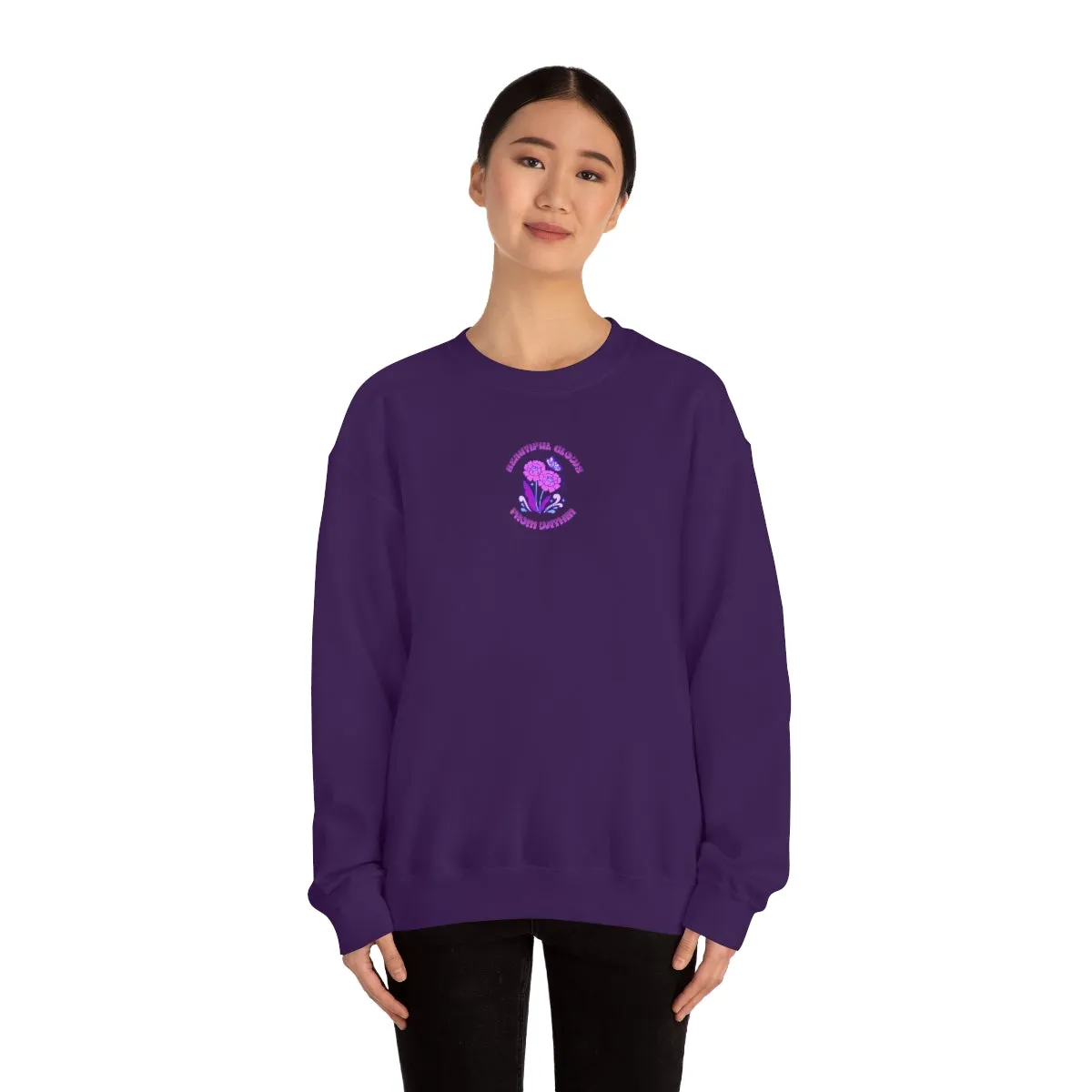 Beautiful Glows from Within Purple Flower Sweatshirt, Oversized Crewneck, Front Back Print Trendy Sweatshirt, Beach Cover Up, Lake Cover Up