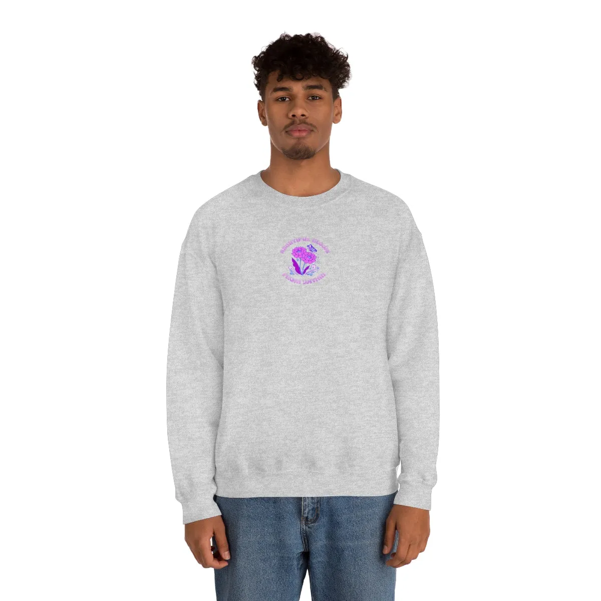 Beautiful Glows from Within Purple Flower Sweatshirt, Oversized Crewneck, Front Back Print Trendy Sweatshirt, Beach Cover Up, Lake Cover Up