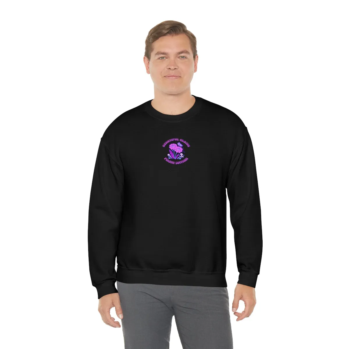 Beautiful Glows from Within Purple Flower Sweatshirt, Oversized Crewneck, Front Back Print Trendy Sweatshirt, Beach Cover Up, Lake Cover Up