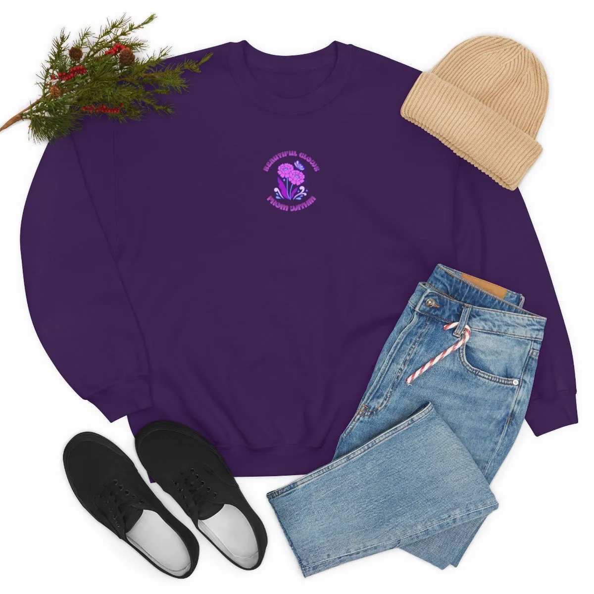 Beautiful Glows from Within Purple Flower Sweatshirt, Oversized Crewneck, Front Back Print Trendy Sweatshirt, Beach Cover Up, Lake Cover Up