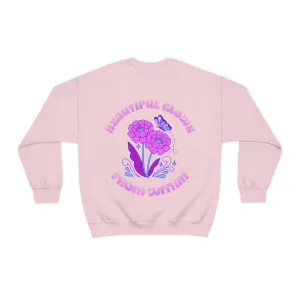 Beautiful Glows from Within Purple Flower Sweatshirt, Oversized Crewneck, Front Back Print Trendy Sweatshirt, Beach Cover Up, Lake Cover Up