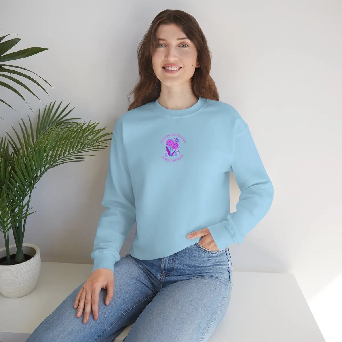 Beautiful Glows from Within Purple Flower Sweatshirt, Oversized Crewneck, Front Back Print Trendy Sweatshirt, Beach Cover Up, Lake Cover Up