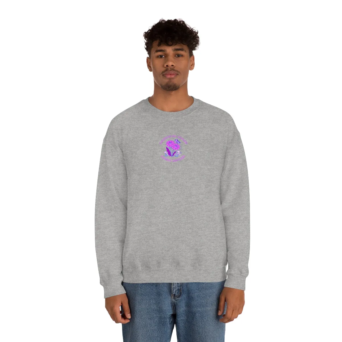 Beautiful Glows from Within Purple Flower Sweatshirt, Oversized Crewneck, Front Back Print Trendy Sweatshirt, Beach Cover Up, Lake Cover Up