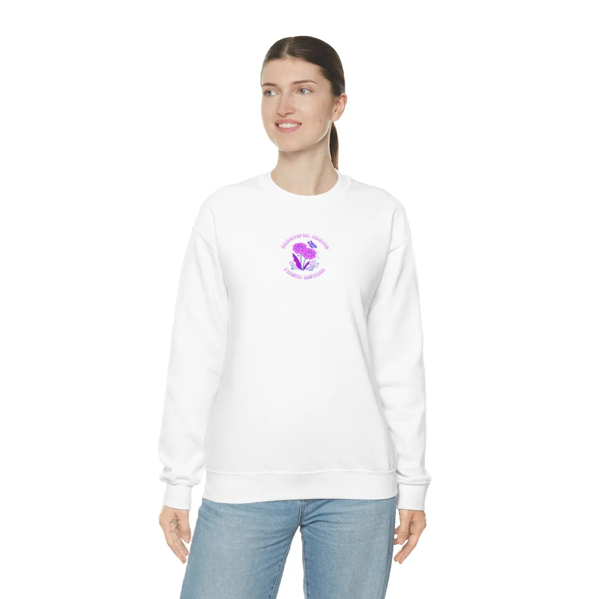 Beautiful Glows from Within Purple Flower Sweatshirt, Oversized Crewneck, Front Back Print Trendy Sweatshirt, Beach Cover Up, Lake Cover Up