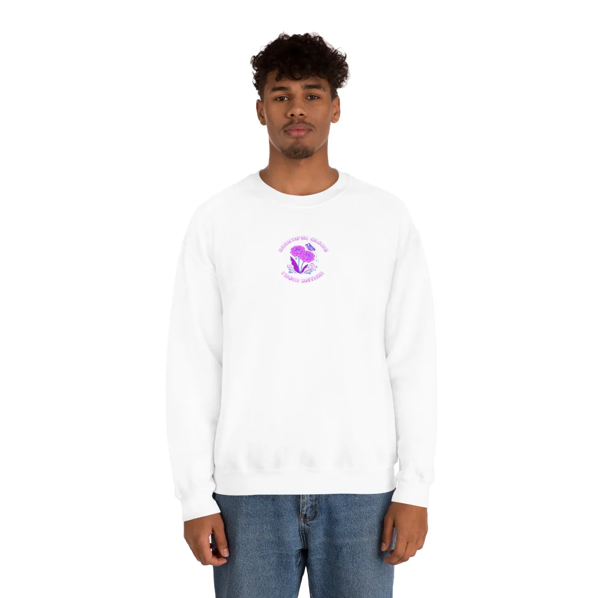 Beautiful Glows from Within Purple Flower Sweatshirt, Oversized Crewneck, Front Back Print Trendy Sweatshirt, Beach Cover Up, Lake Cover Up