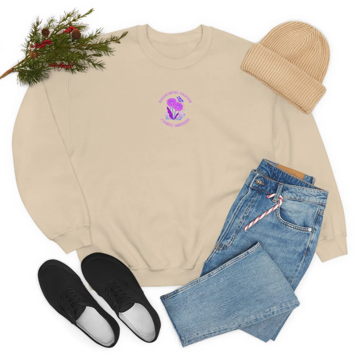 Beautiful Glows from Within Purple Flower Sweatshirt, Oversized Crewneck, Front Back Print Trendy Sweatshirt, Beach Cover Up, Lake Cover Up