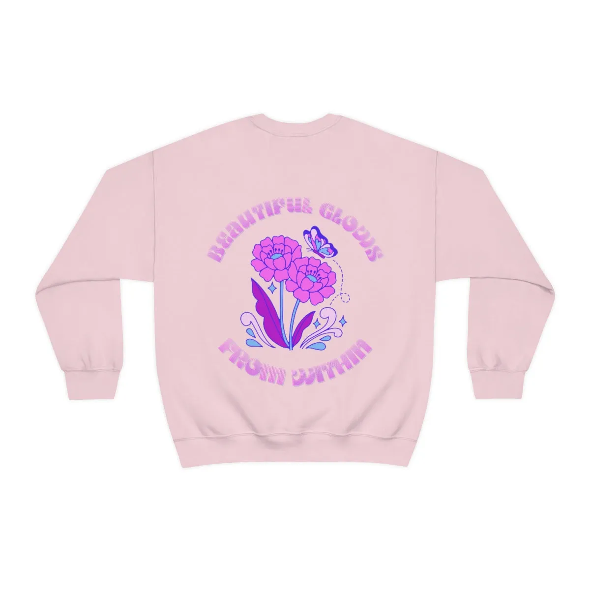 Beautiful Glows from Within Purple Flower Sweatshirt, Oversized Crewneck, Front Back Print Trendy Sweatshirt, Beach Cover Up, Lake Cover Up