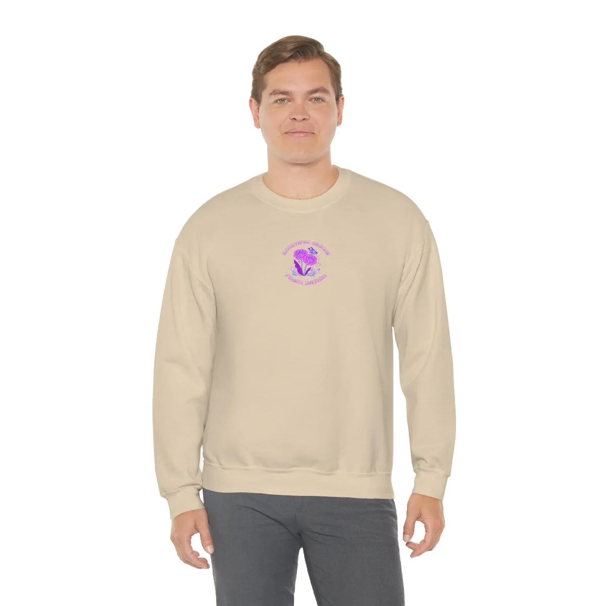 Beautiful Glows from Within Purple Flower Sweatshirt, Oversized Crewneck, Front Back Print Trendy Sweatshirt, Beach Cover Up, Lake Cover Up
