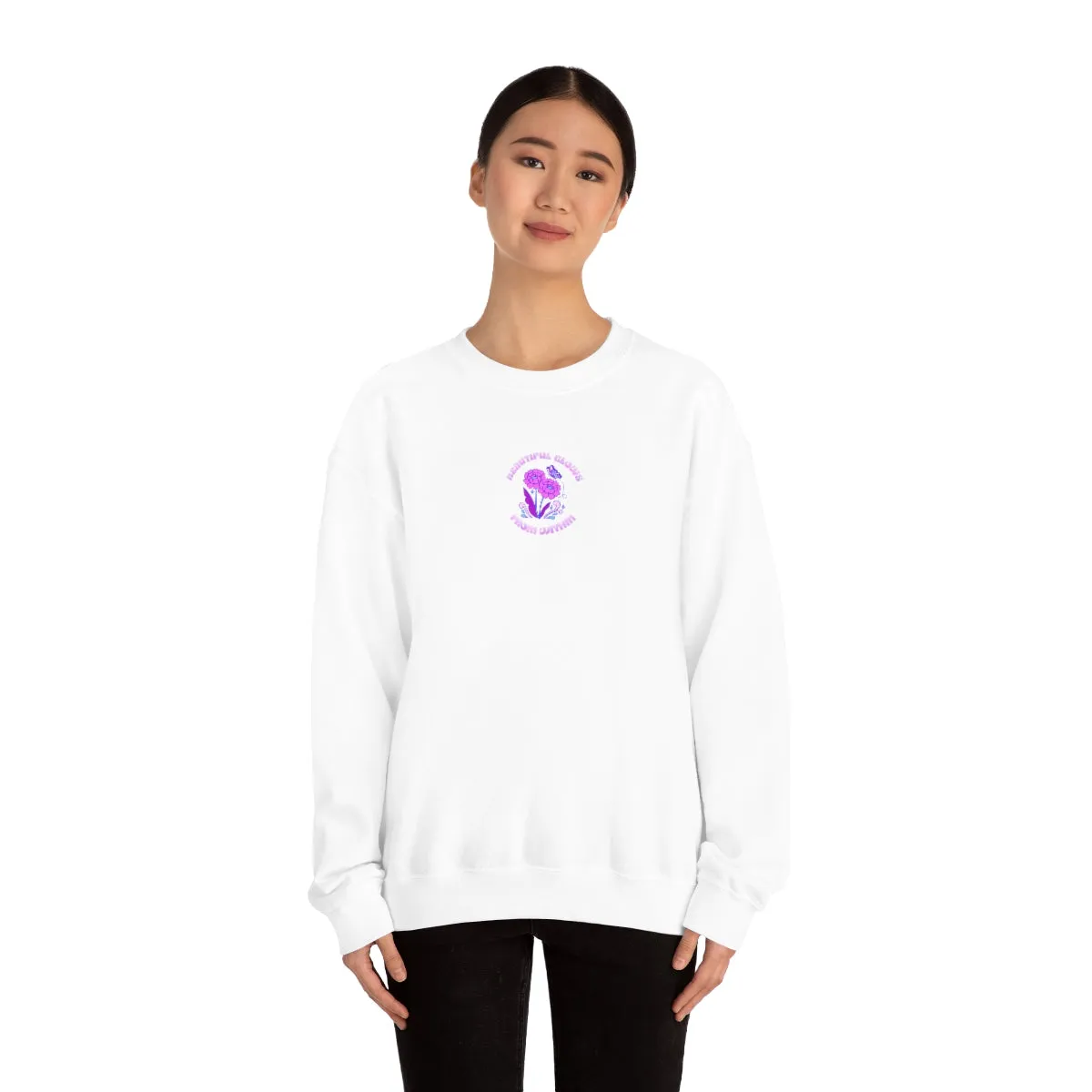 Beautiful Glows from Within Purple Flower Sweatshirt, Oversized Crewneck, Front Back Print Trendy Sweatshirt, Beach Cover Up, Lake Cover Up