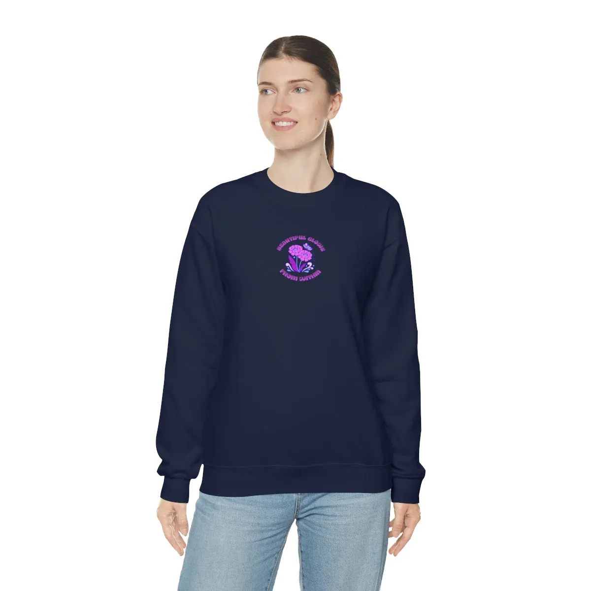 Beautiful Glows from Within Purple Flower Sweatshirt, Oversized Crewneck, Front Back Print Trendy Sweatshirt, Beach Cover Up, Lake Cover Up