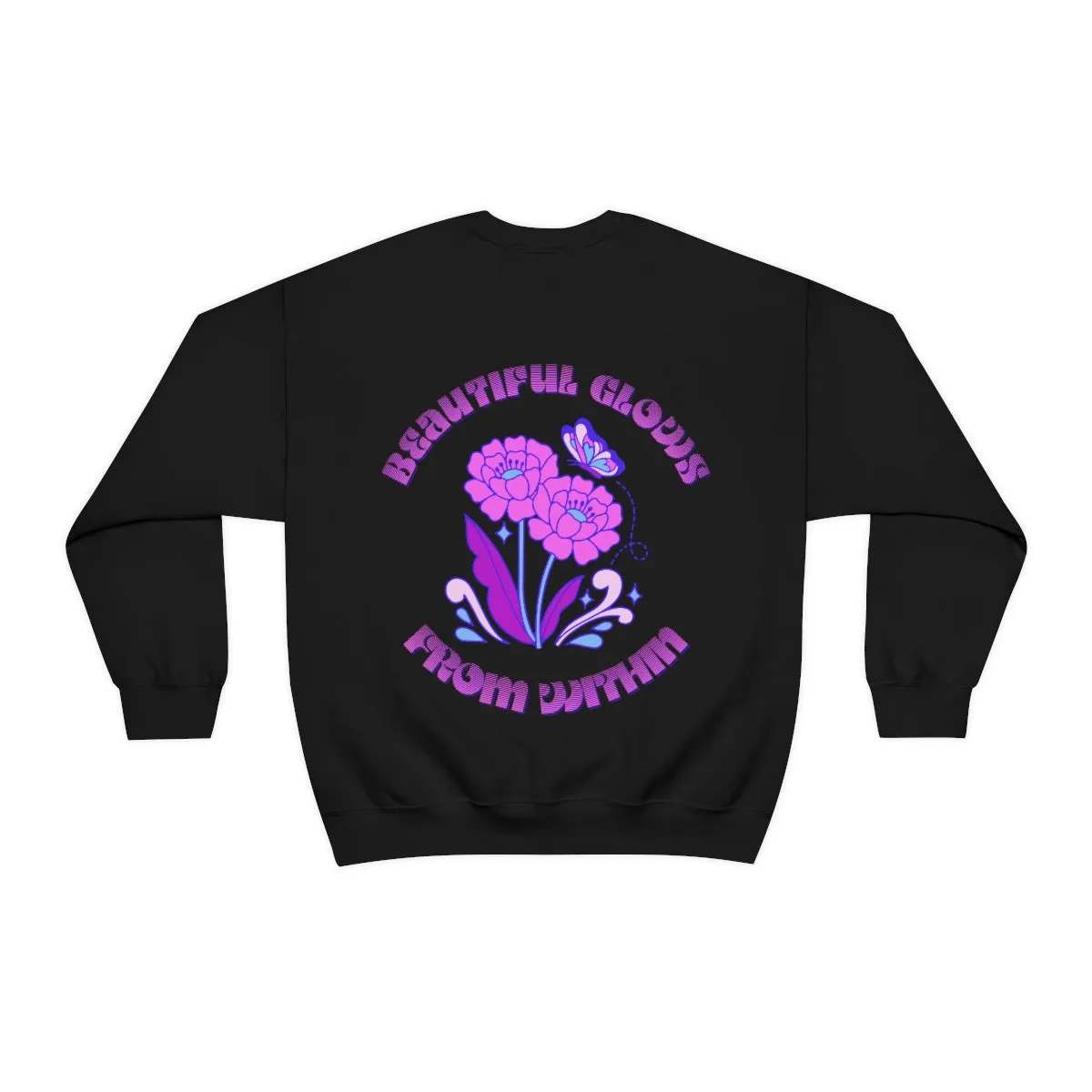 Beautiful Glows from Within Purple Flower Sweatshirt, Oversized Crewneck, Front Back Print Trendy Sweatshirt, Beach Cover Up, Lake Cover Up