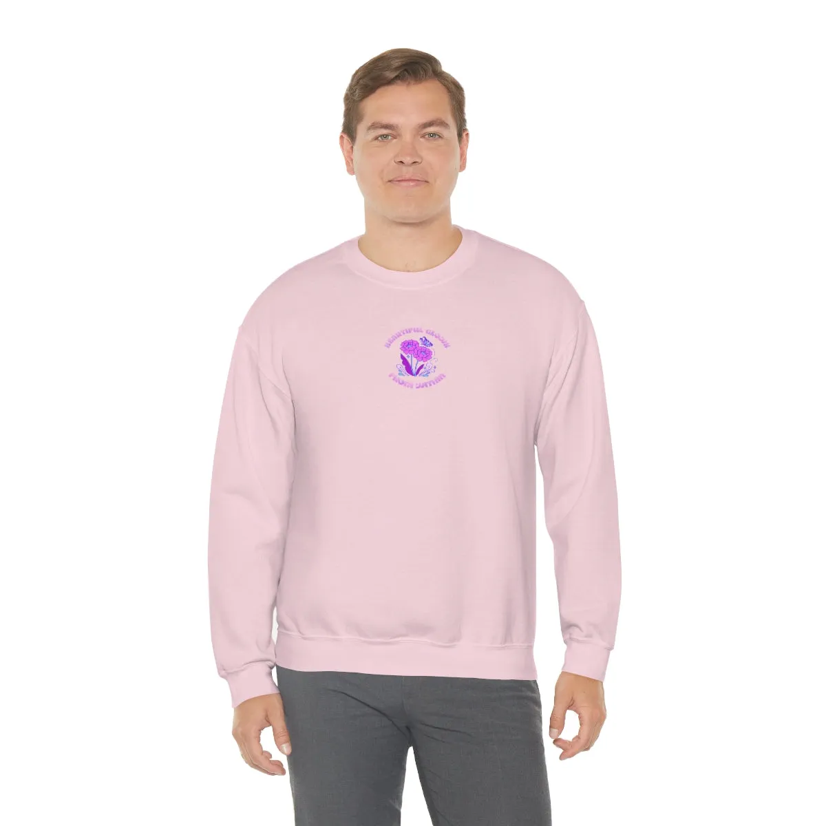 Beautiful Glows from Within Purple Flower Sweatshirt, Oversized Crewneck, Front Back Print Trendy Sweatshirt, Beach Cover Up, Lake Cover Up
