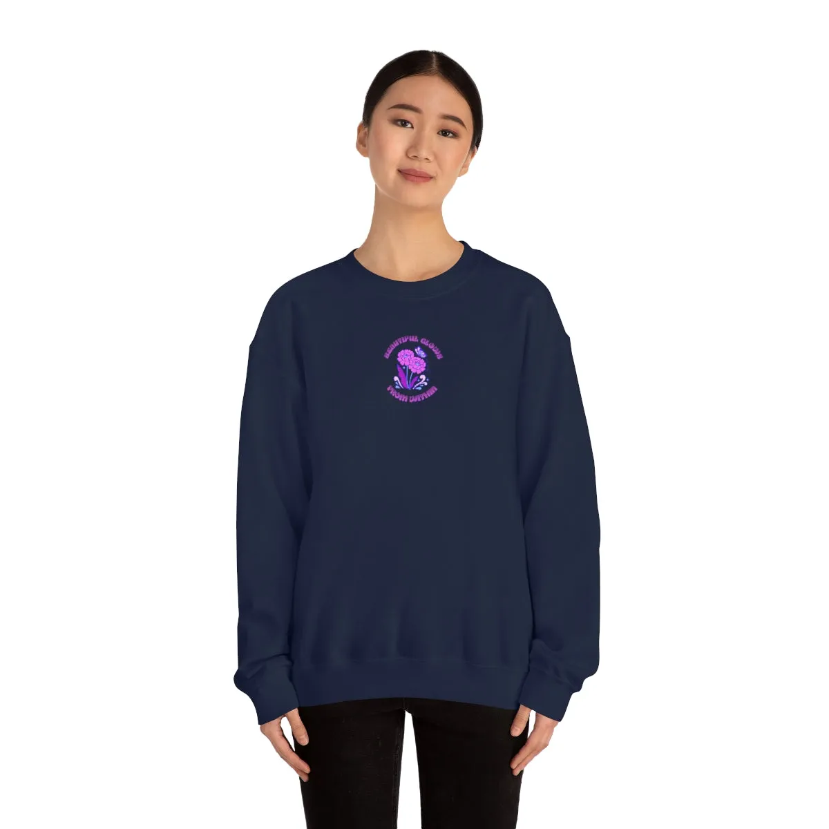 Beautiful Glows from Within Purple Flower Sweatshirt, Oversized Crewneck, Front Back Print Trendy Sweatshirt, Beach Cover Up, Lake Cover Up
