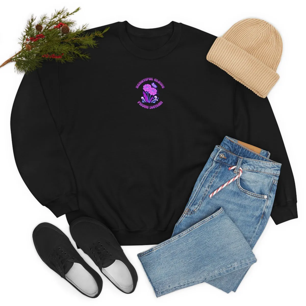 Beautiful Glows from Within Purple Flower Sweatshirt, Oversized Crewneck, Front Back Print Trendy Sweatshirt, Beach Cover Up, Lake Cover Up