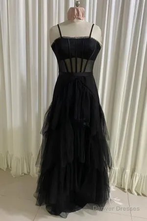 Black Prom Dress, Elegant A-line Layered Tulle Prom Dresses,Sheer Corset Long Evening Dress