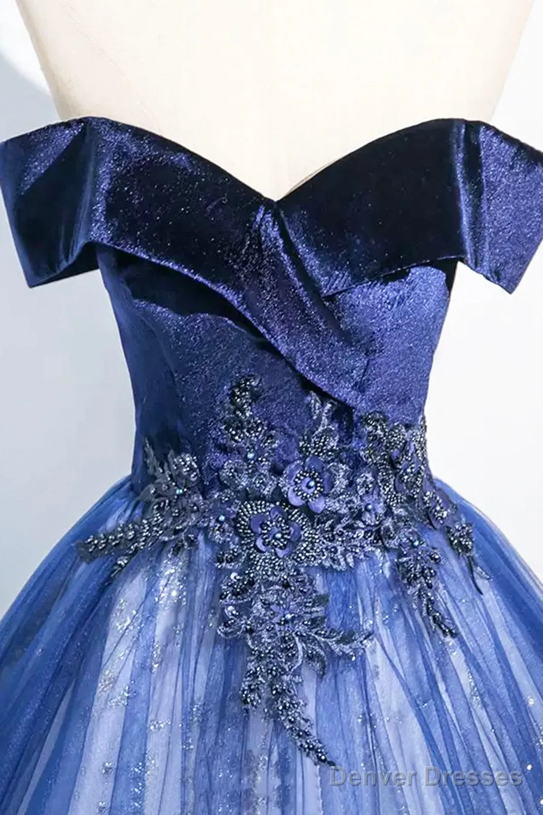 Blue Velvet And Tulle Long Prom Dress, Elegant Off The Shoulder Party Dress