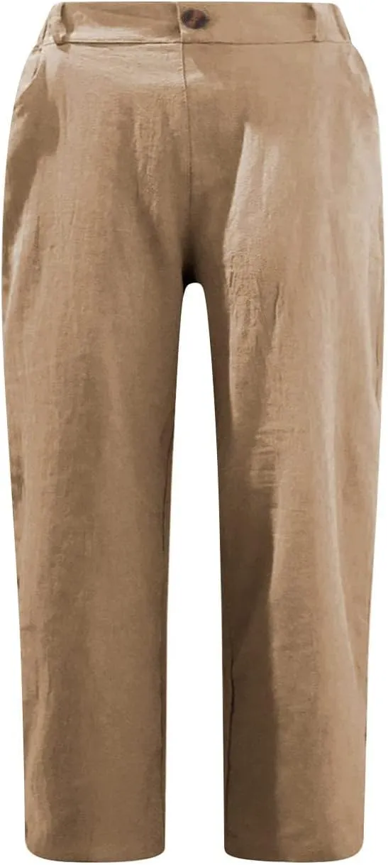 Capri Pants for Women Petite Summer Cotton Linen Pants Loose Comfy Elastic Waist Cropped Trouser Casual Beach Clothes