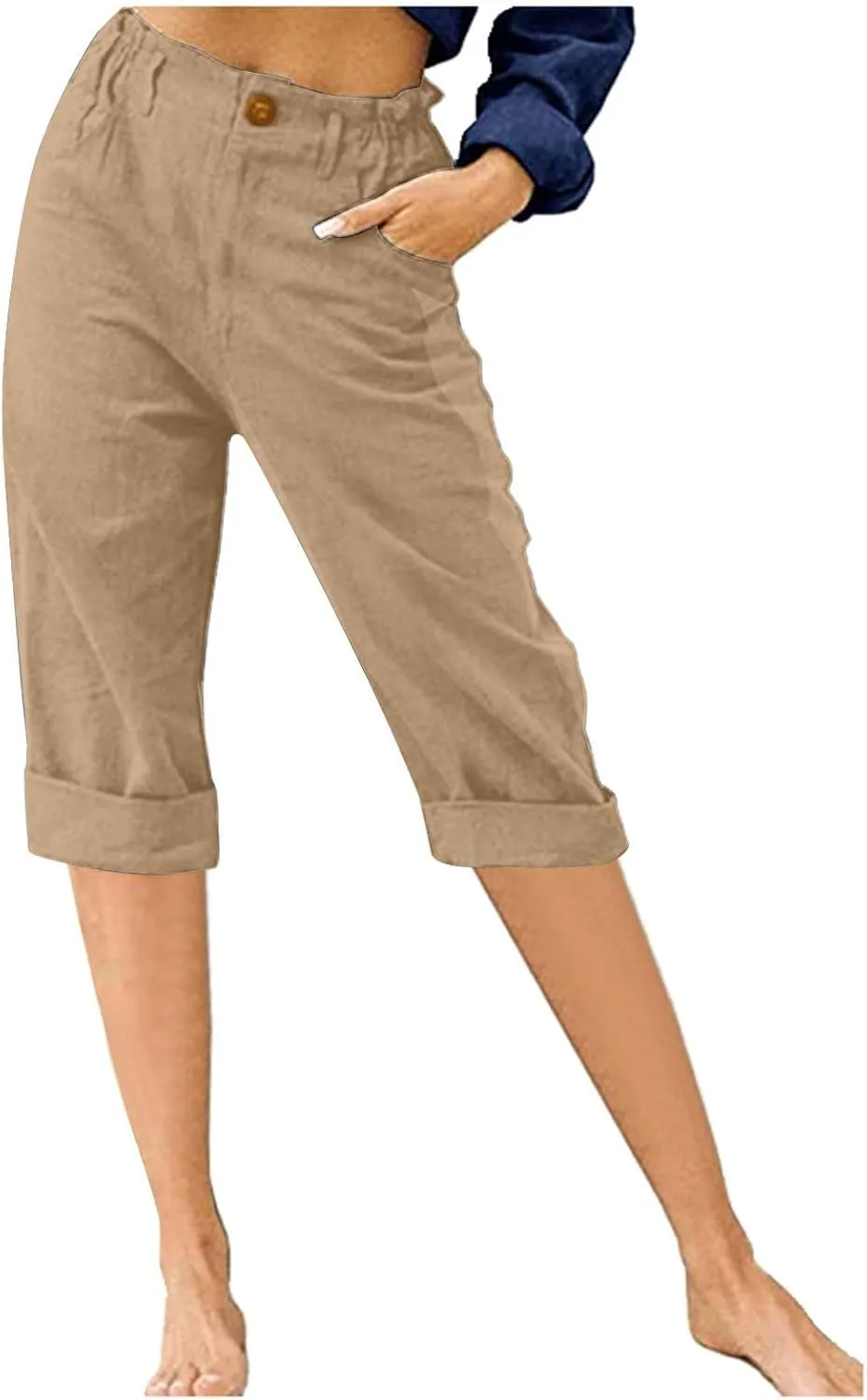 Capri Pants for Women Petite Summer Cotton Linen Pants Loose Comfy Elastic Waist Cropped Trouser Casual Beach Clothes