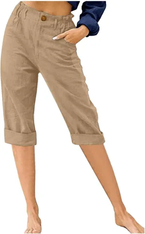 Capri Pants for Women Petite Summer Cotton Linen Pants Loose Comfy Elastic Waist Cropped Trouser Casual Beach Clothes