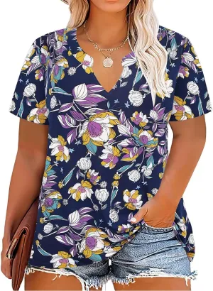 CARCOS Plus Size Tops for Women Summer Short Sleeve V Neck T Shirts Pleated Casual Business Tunic Blouses XL-5XL