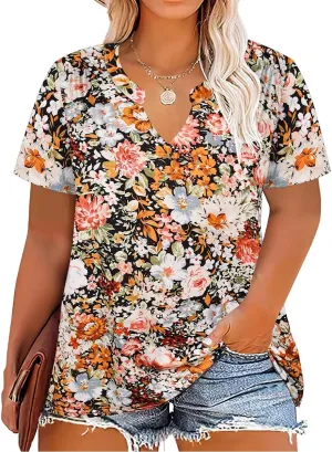 CARCOS Plus Size Tops for Women Summer Short Sleeve V Neck T Shirts Pleated Casual Business Tunic Blouses XL-5XL