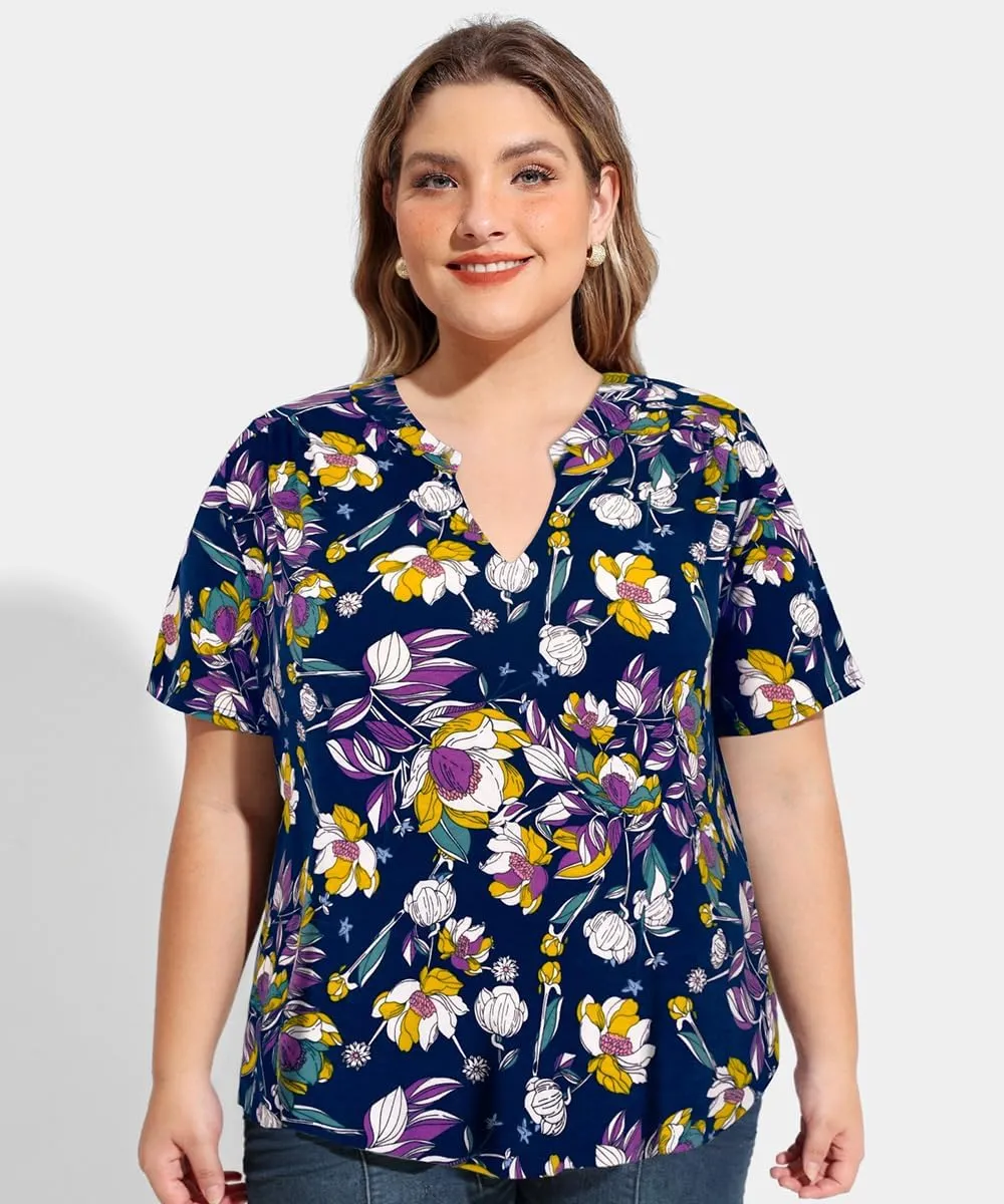 CARCOS Plus Size Tops for Women Summer Short Sleeve V Neck T Shirts Pleated Casual Business Tunic Blouses XL-5XL