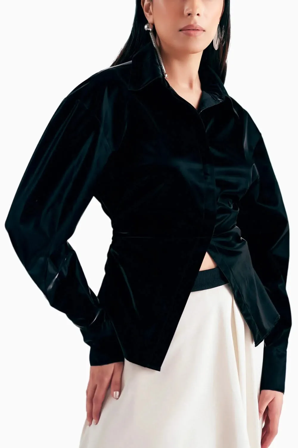 Coal Reflective Shirt With Monochrome Draped Trousers