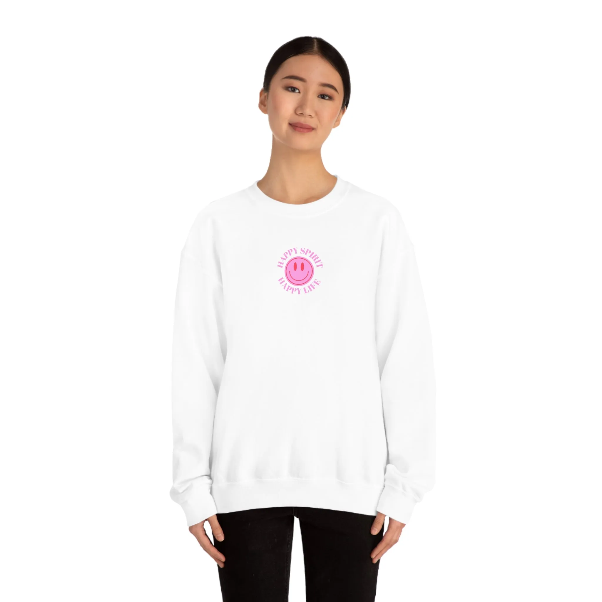 Copy of Happy Spirit Happy Life Sweatshirt, Gildan VSCO Girl Crewneck, Oversized Tumblr Front Back Print Smile Happy Mind Trendy Loungewear
