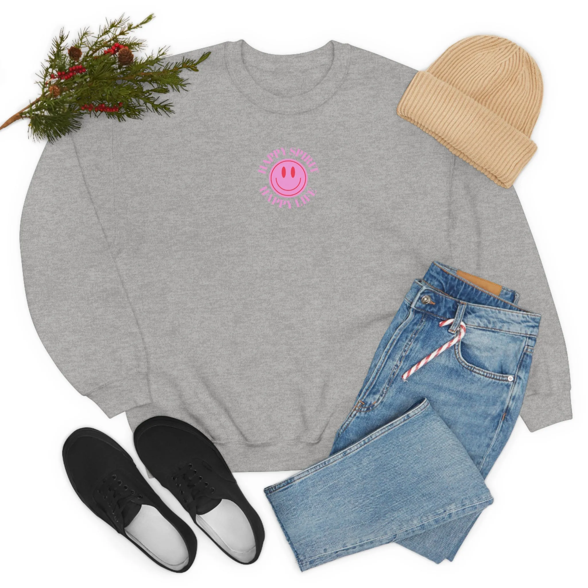 Copy of Happy Spirit Happy Life Sweatshirt, Gildan VSCO Girl Crewneck, Oversized Tumblr Front Back Print Smile Happy Mind Trendy Loungewear