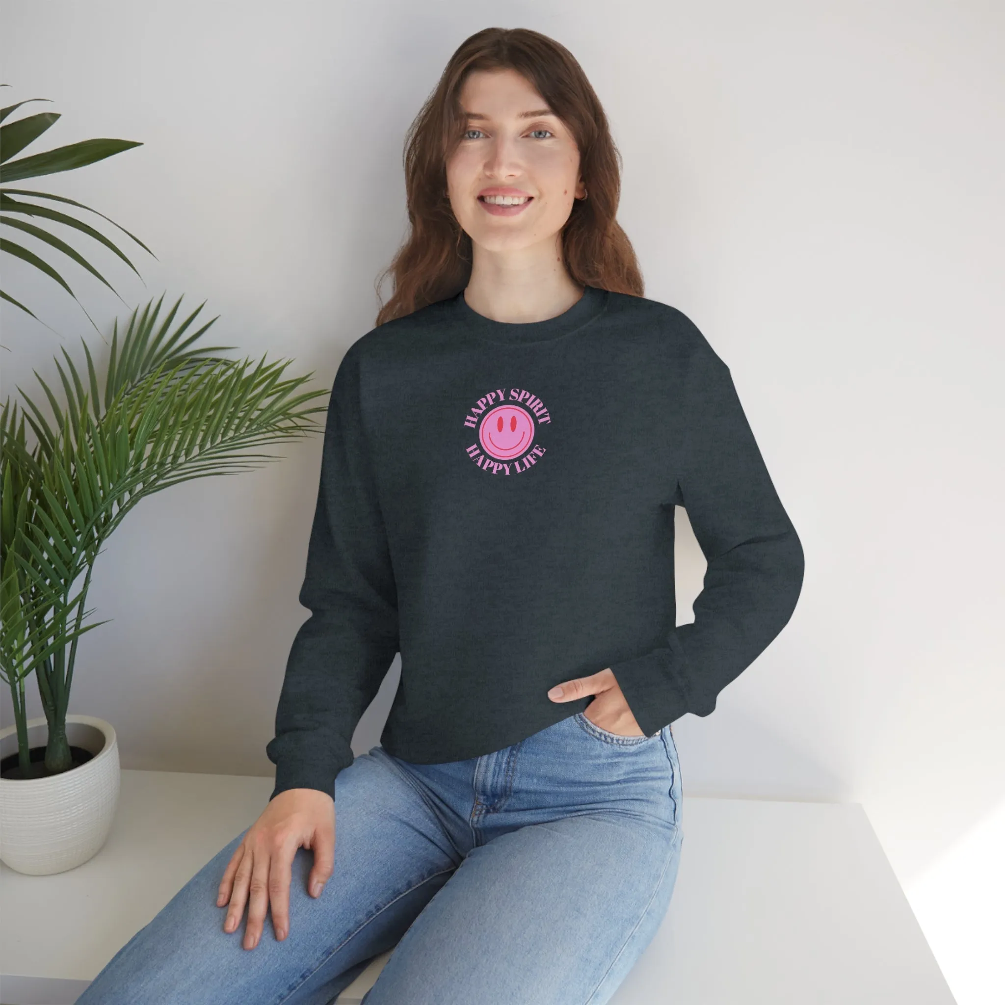 Copy of Happy Spirit Happy Life Sweatshirt, Gildan VSCO Girl Crewneck, Oversized Tumblr Front Back Print Smile Happy Mind Trendy Loungewear